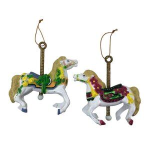 Carousel Horse Ornaments Set of 2 Handpainted Resin Flowers Ribbons Christmas